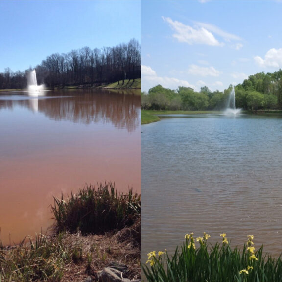 A drainage basin before and after applying soil stabilization polymers.