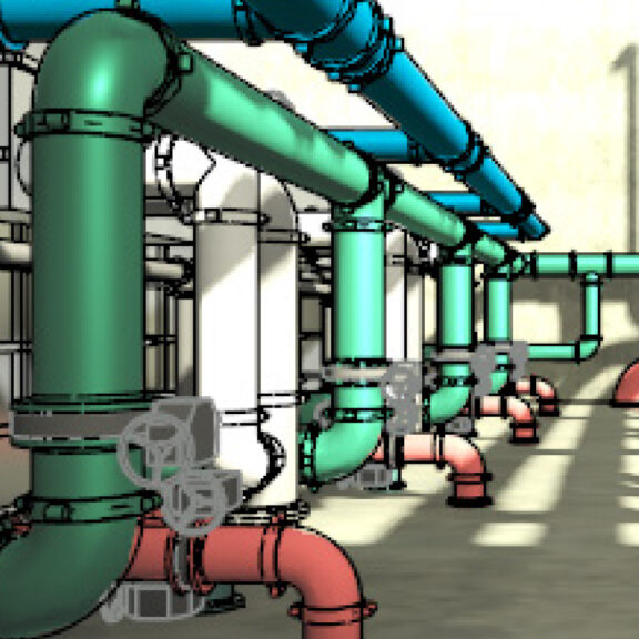 VDC digital rendering of pipes in water treatment facility.