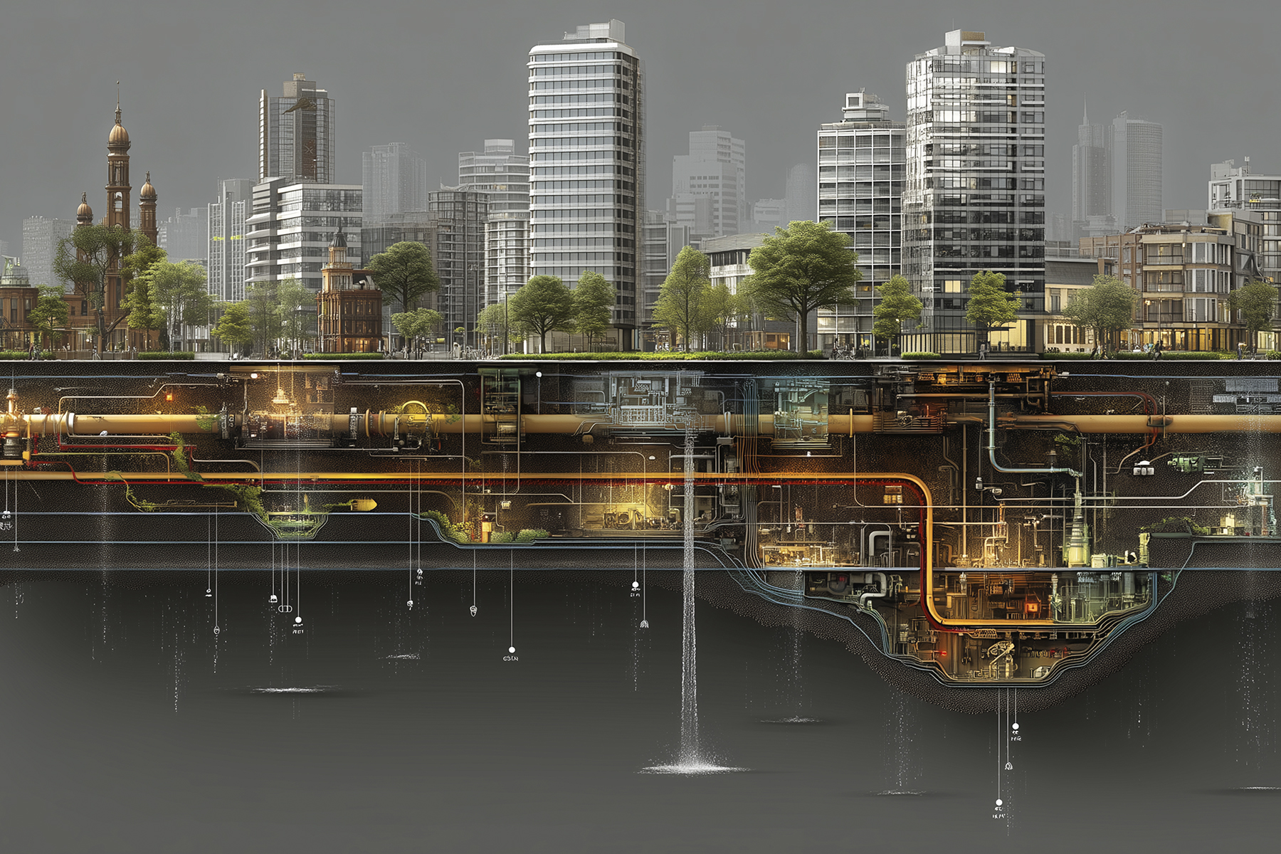 A large city with underground piping systems revealed.