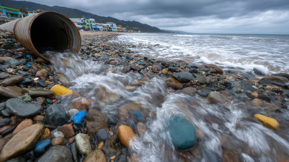 Water spilling out of a large utility pipe on a shoreline.