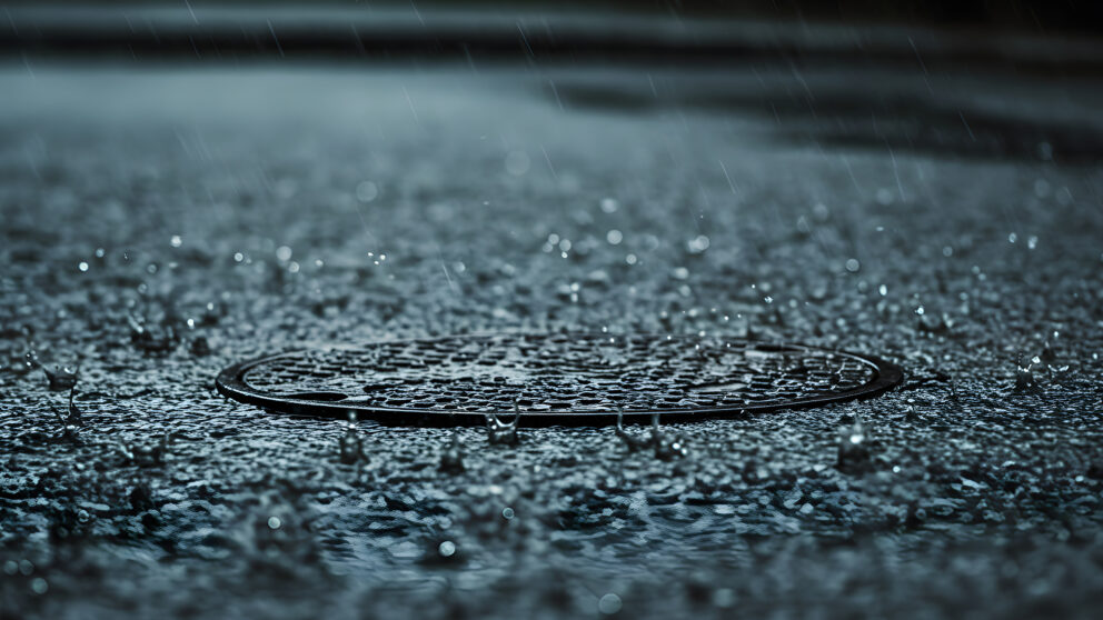 Manhole covering with rain drops splashing on top of it.