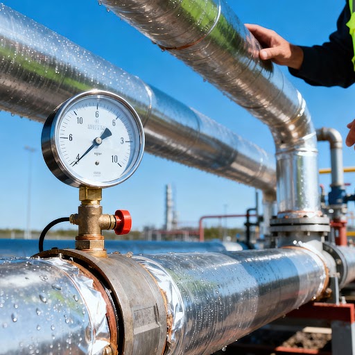 Flow and pressure gauge on large water utility pipe.