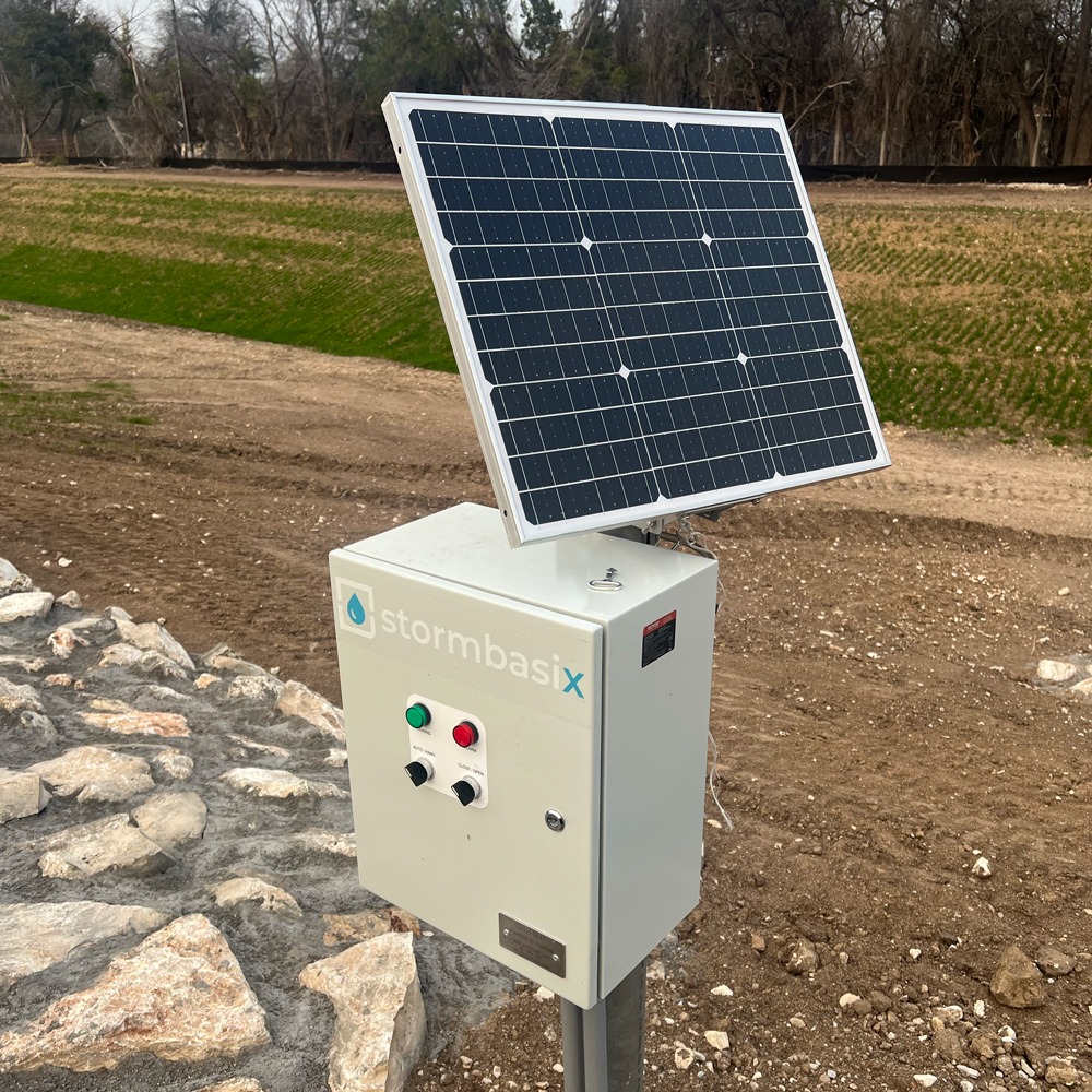 stormbasix+ batch detection system solar panel on post with lockable mechanical box.